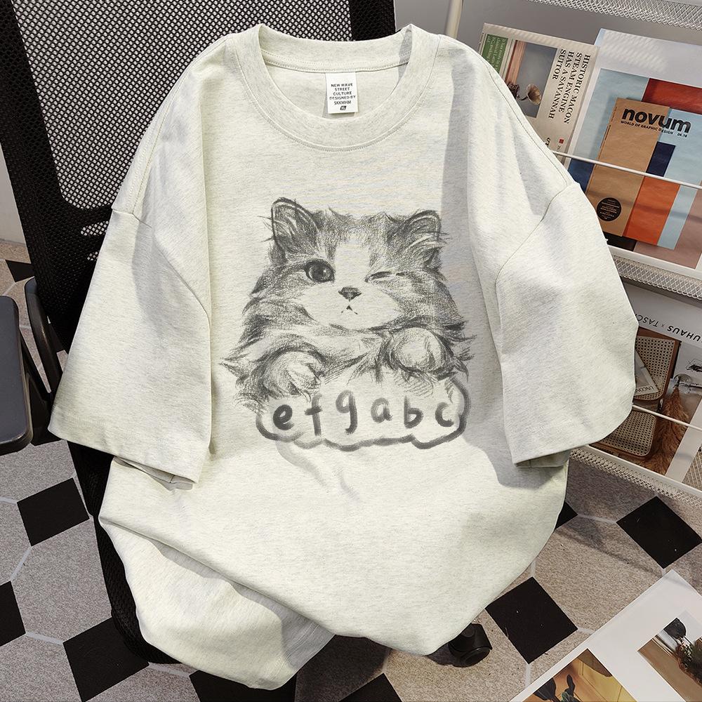 

Men s Loose Crew Neck Cat Print T-Shirt – Heavyweight Pure Cotton, American Style, Short Sleeve Summer Top L сірий колір/білий