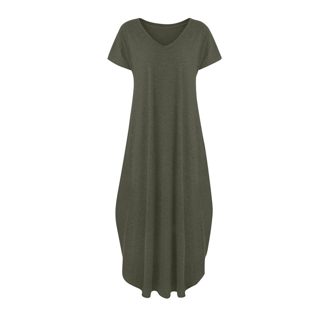 Women's V Neck Casual Summer Beach Long Dress Short Sleeve Split Loose Maxi Dress With Pocket