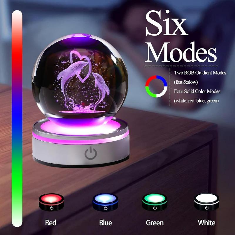 Glob de cristal cu delfin și inimă gravat cu laser 3D, lumină de noapte romantică cu LED, figurine animale marine, decor, lampă sferă de sticlă, cadouri