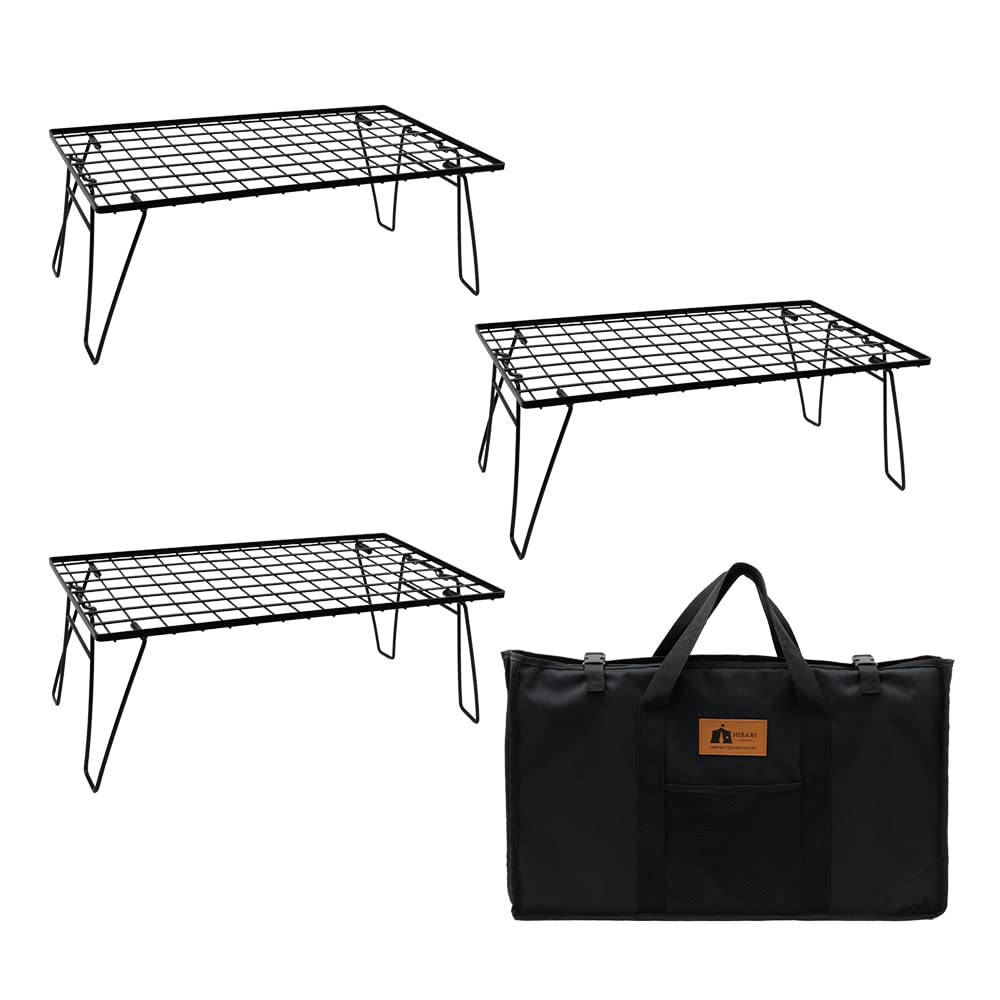 HIBARI Field Rack Camping Rack Set with Storage Matte Compact Camping Outdoor Outdoor Folding Low Outdoor Camping Table 3-Piece Case, Black, Storage,