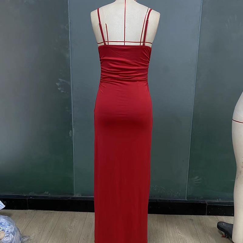 Women Evening Party Strap V Neck Satin Solid Color Package Hip High Split One Piece Dress