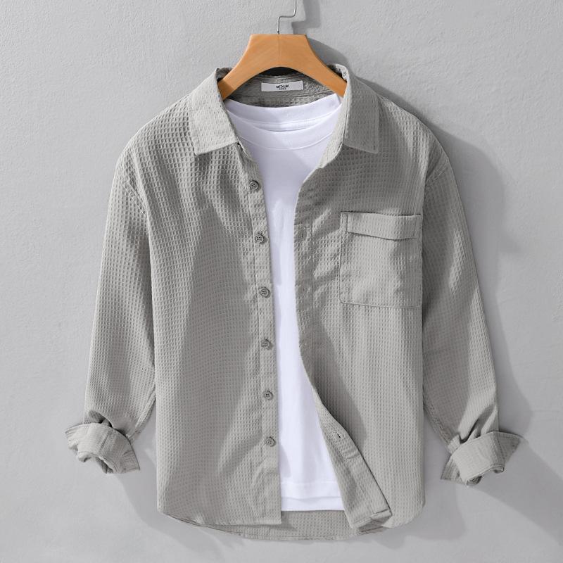 Spring and Summer Solid Color Long Sleeve Men Shirt Pocket Casual Shirt Turn-down Collar Waffle Textured Shirt Simple Style Men Clothing
