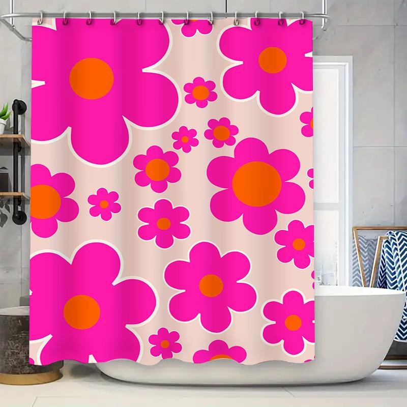 

Modern Floral Printed Shower Curtain Bathroom Decor for Kids Room Pink Flower Design Waterproof Bath Mat Cover 71x72 In 90x180cm