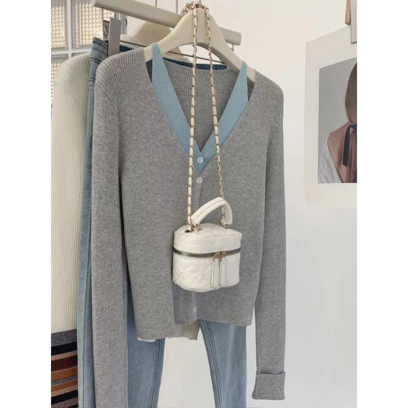 

Вязаный кардиган с V-образным вырезом, асимметричный, имитация двойки, женский осенний свитер-куртка, тонкий короткий топ, маленький человек average size синий