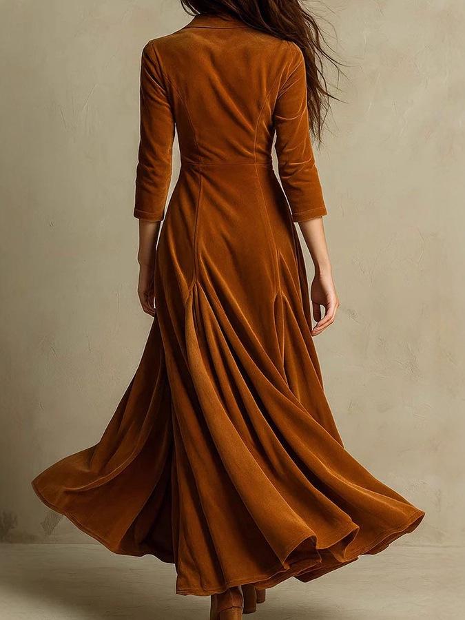 2025 Women's Solid Color Button-Up Lapel Dress with Cinched Waist and A-line Skirt, 3/4 Sleeves