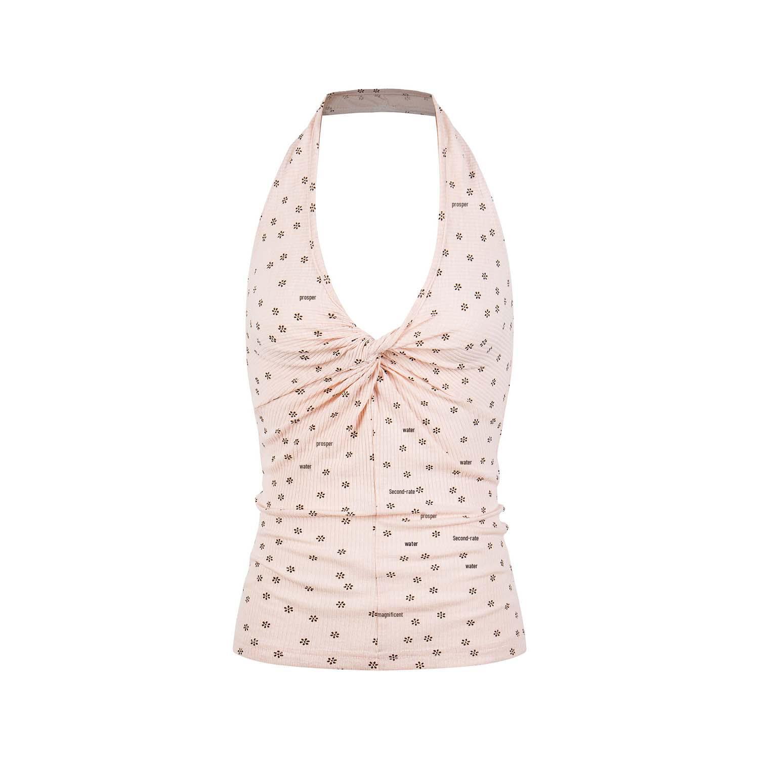 UNBDNS French Girl Floral V-neck Halter Bodycon Tank Top Large розовый