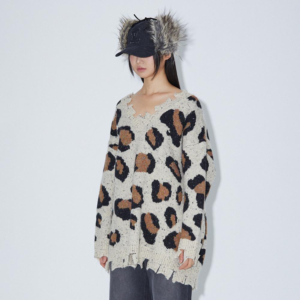 LALAFOX Leopard Print Knit Oversized T-Shirt Beige Bq4Kl005