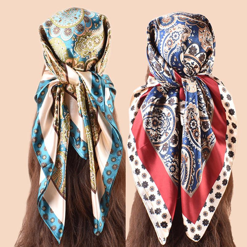 2Pcs Luxury  Silk Satin Square Scarf Women Hijab Bandana Muslim Headscarves Shawl Wrap Ladies Headband Neckerchief Foulard