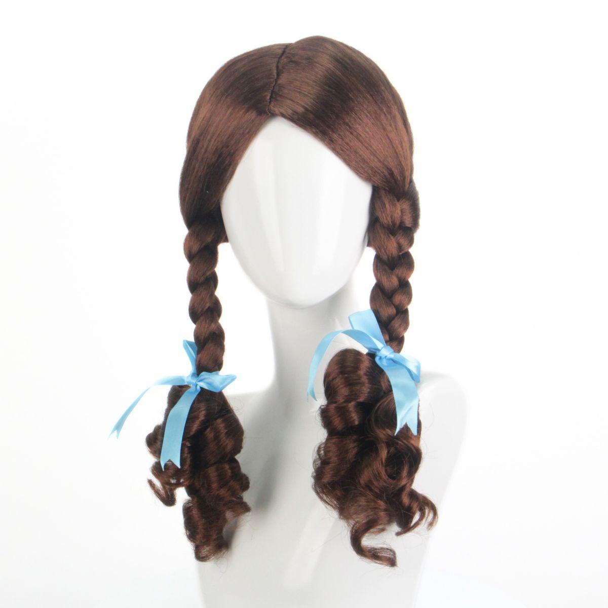

Аниме парик для женщин и девушек коричневый с двумя хвостиками-косичками из синтетического волоса с синей лентой косплей вечеринка подарок Brown-