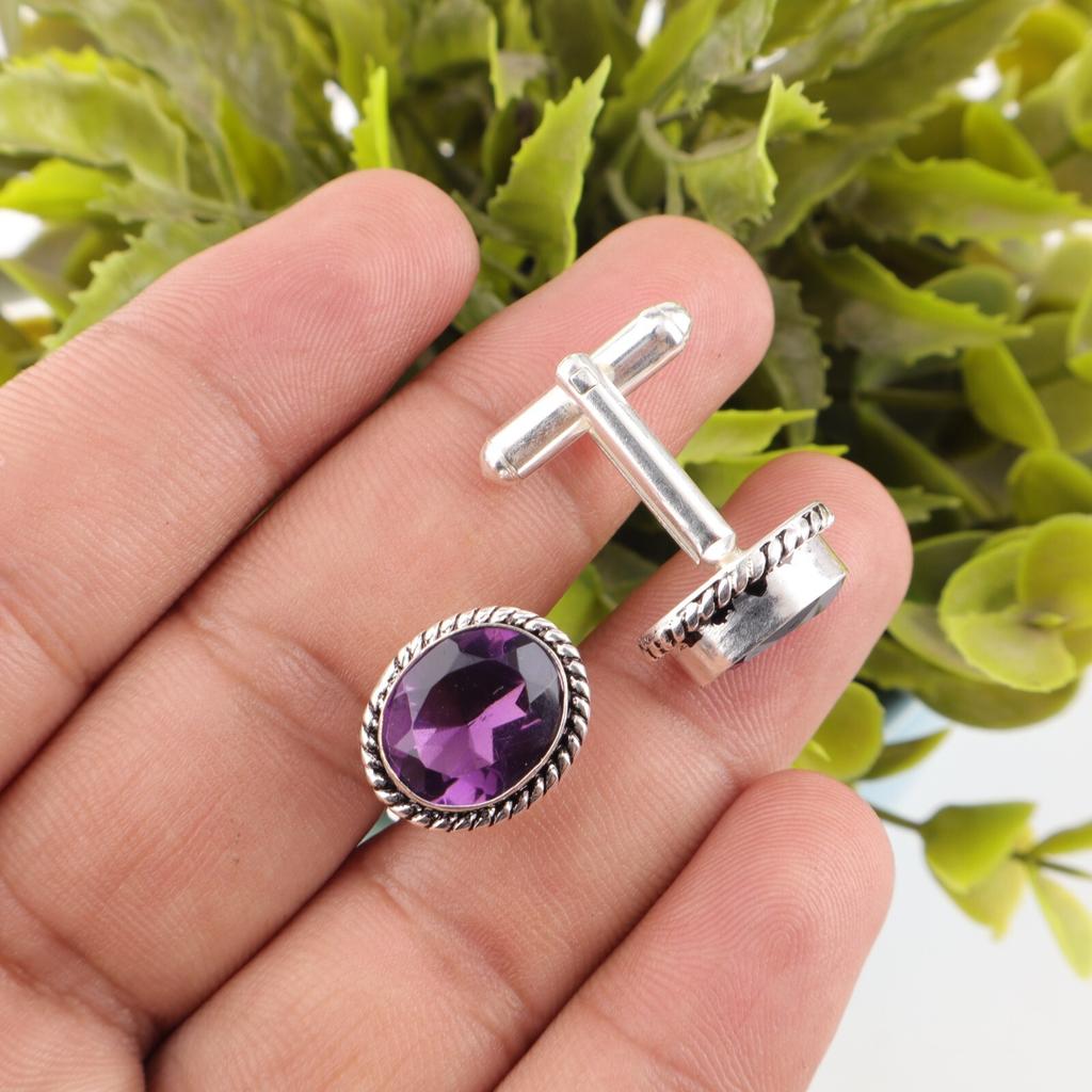 For Gift Amethyst Gemstone 925Sterling Silver Jewelry Cufflinks Men Accessories CL-1-5