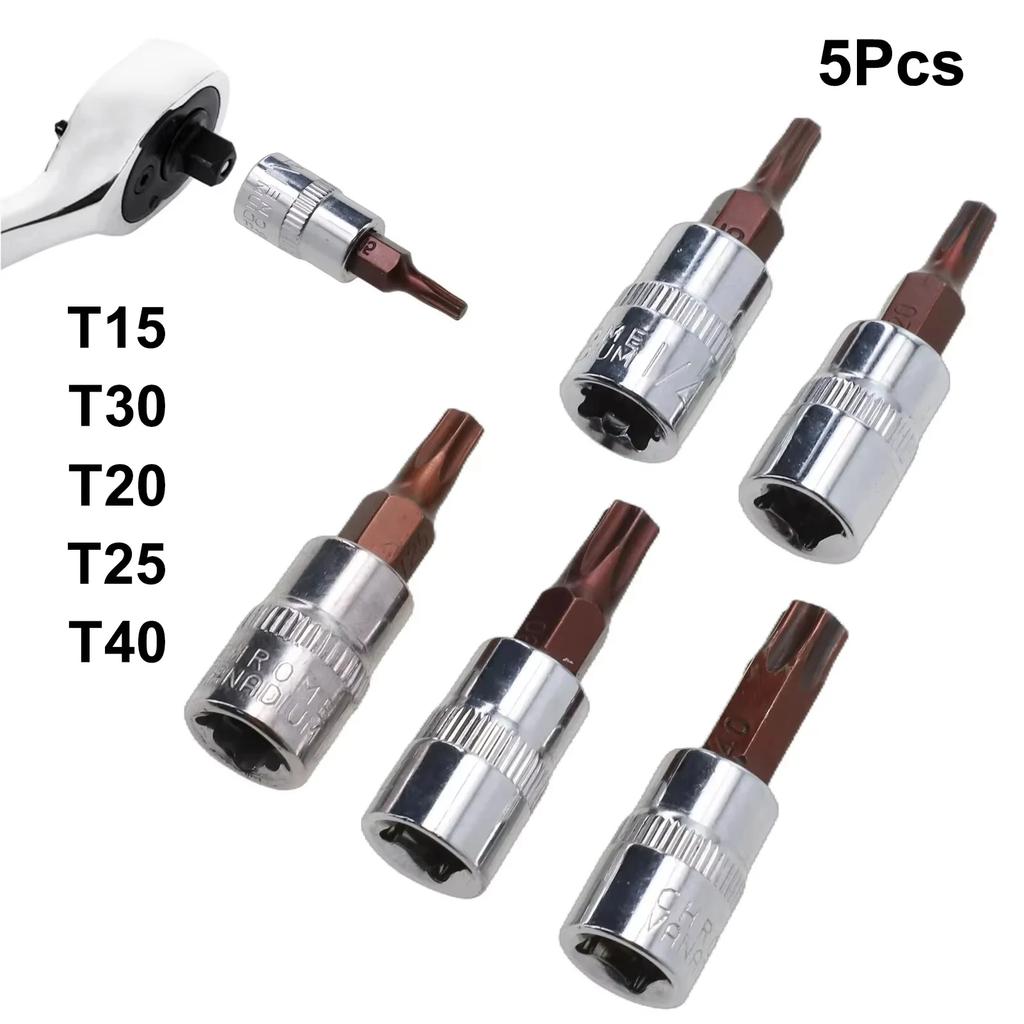5 Pcs Torx Screwdriver Bits 1/4 Inch Drive Socket Head Tools T15 T20 T25 T30 T40 Socket Wrench Adapter Hand Tools