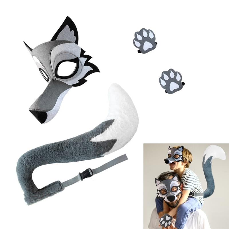 Set Costume Lupo Maschera Facciale Lupo Coda Lupo Guanti per Bambino Adulto Mascherata Compleanno Natale Halloween Costume Animale