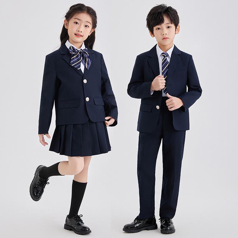 Spring/Summer Kids' British College Style Navy Blue Kindergarten Uniform Set for Performances