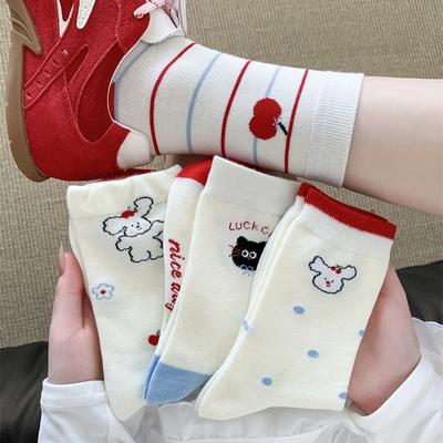 Ladies Spring and Summer Cute Cartoon Assorted Colors Striped Preppy Style Cotton Tube Pile Socks