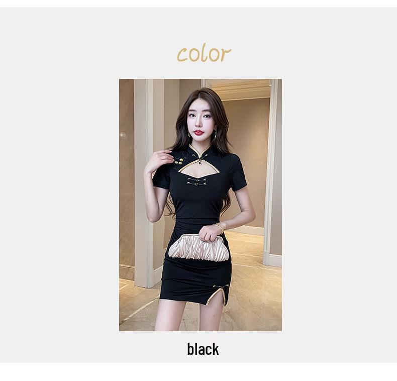 Enhanced Women's Summer Nightclub Low-Cut Sexy Black Qipao Dress - Hip-Hugging Technician Workwear