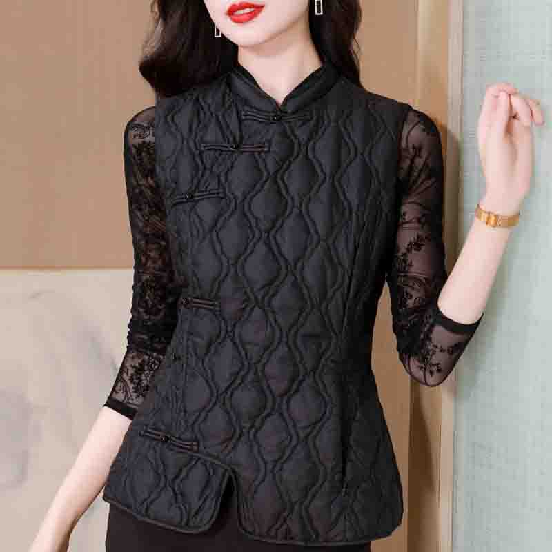 Fashion New 2024 Winter Chinese Style Black Sleeveless Vest Jacket Stand Collar Vests Down and Cotton Jacket Coat Women Tops J821