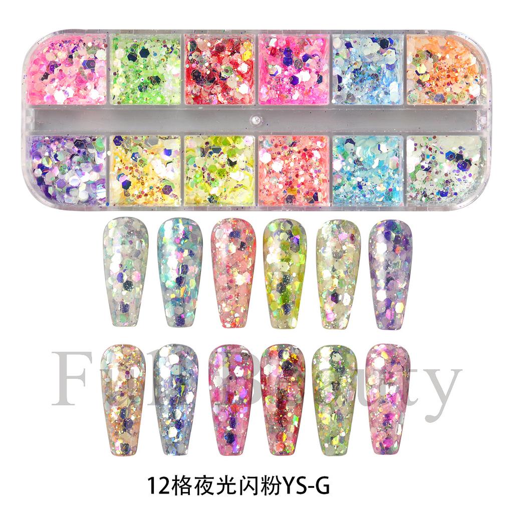 New manicure sequins 12-grid luminous ultra-thin 6-angle shallot luminous glitter sequins