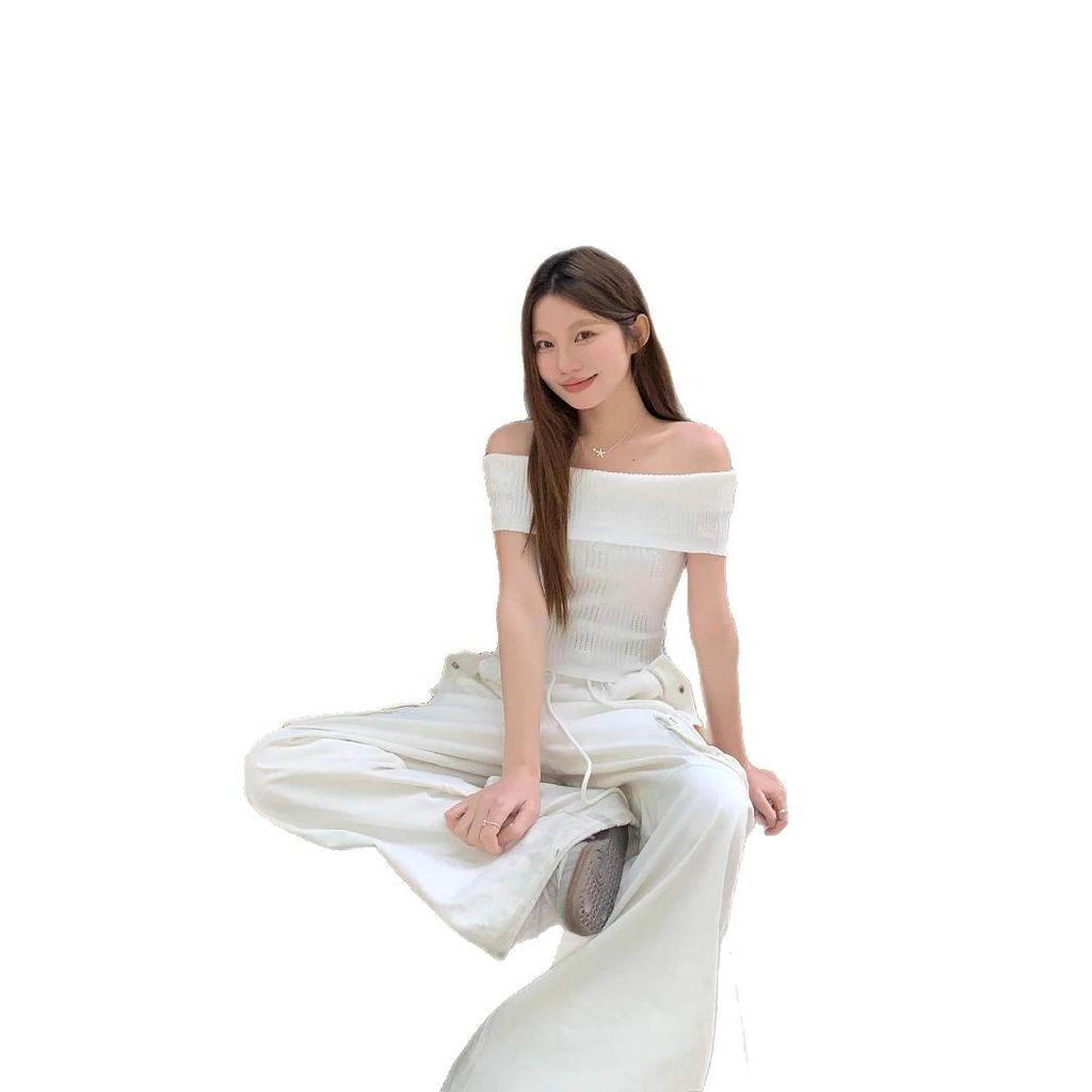 White French One-Shoulder Stretch Knit Summer Top - Women's Sweet Style Slim Fit Short Sleeve