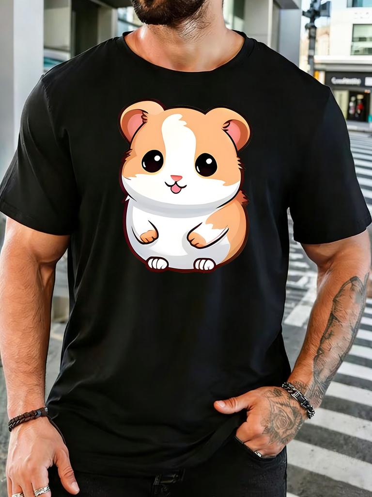 Cute Fluffy Cartoon Hamster Big Eyes Graphic Unisexs Cotton Crew Neck Tee Short Sleeve Loose Lovely Casual Daily Street Male Top