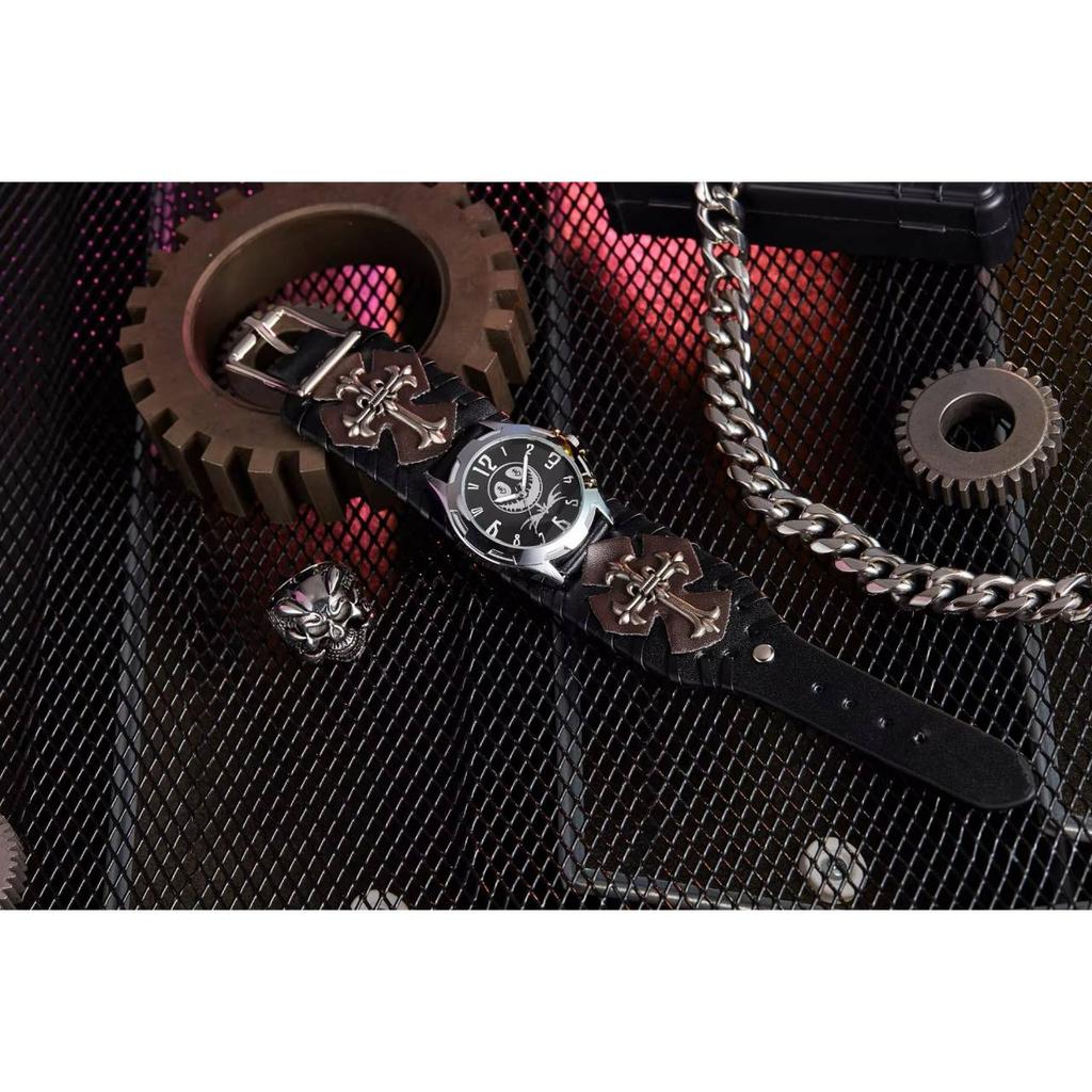 Retro Vintage Street Hip Hop Punk Rock Gothic Biker Uhr Quarz Stud Wasserdicht Männer PU Leder Armband Niet Ghost Skull Halloween