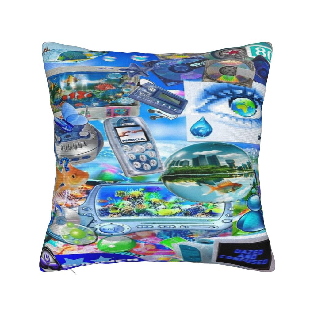 Frutiger Aero Aesthetic Square Pillow Case Tech Great Wave of Kanagawa Fishes Cushion Cover Customized Pillowcover Home 40*40cm