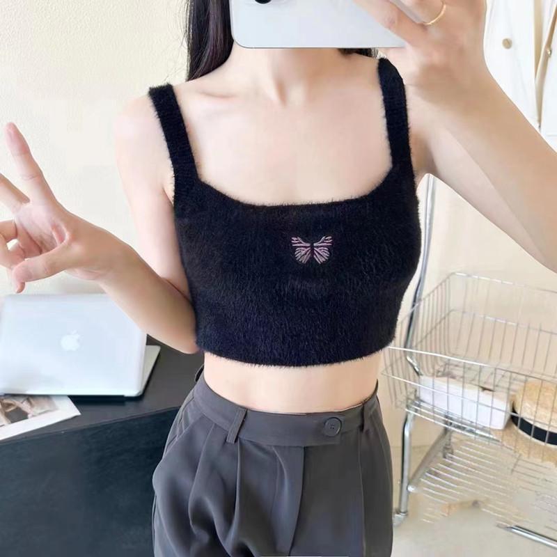 Girl's Furry Butterfly Embroidered Navel-exposed Vest Suspender Sling and Versatile Top Korean Trendy and Fashionable