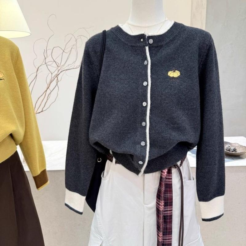 

Вязаный кардиган-жакет в корейском стиле с вышивкой контрастного цвета, женский, 2025, осень-зима, новый, топ-свитер с круглым вырезом OneSize темно серый
