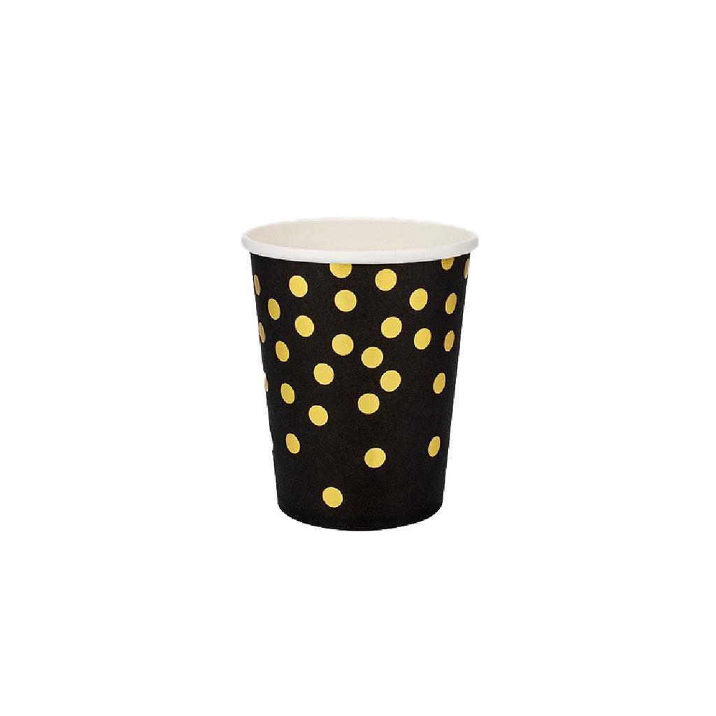 Polka Dot Black Paper Plate and Cup Set - Christmas & New Year Disposable Tableware