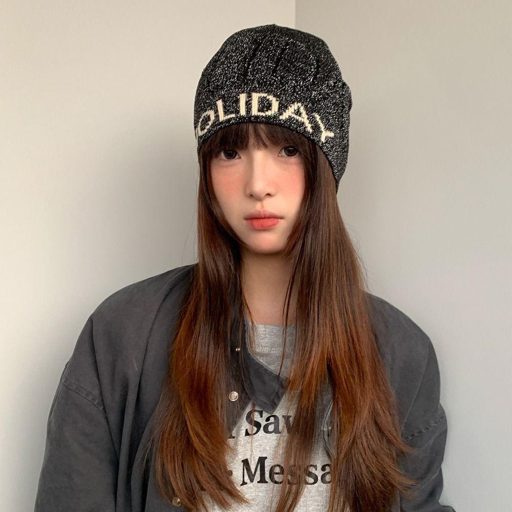Vintage Letter Beanie Hat Cool Knitted Pullover Hat Fashion Sequin Knitted Hat Streetwear