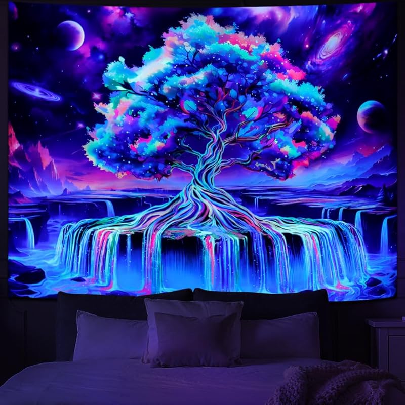 Obsecolors Blacklight Tree of Life Tapestry UV Reactive Waterfall Tapestry Galaxy Space Aesthetic Tree Wall Tapestries Colorful Starry Sky Tapestries