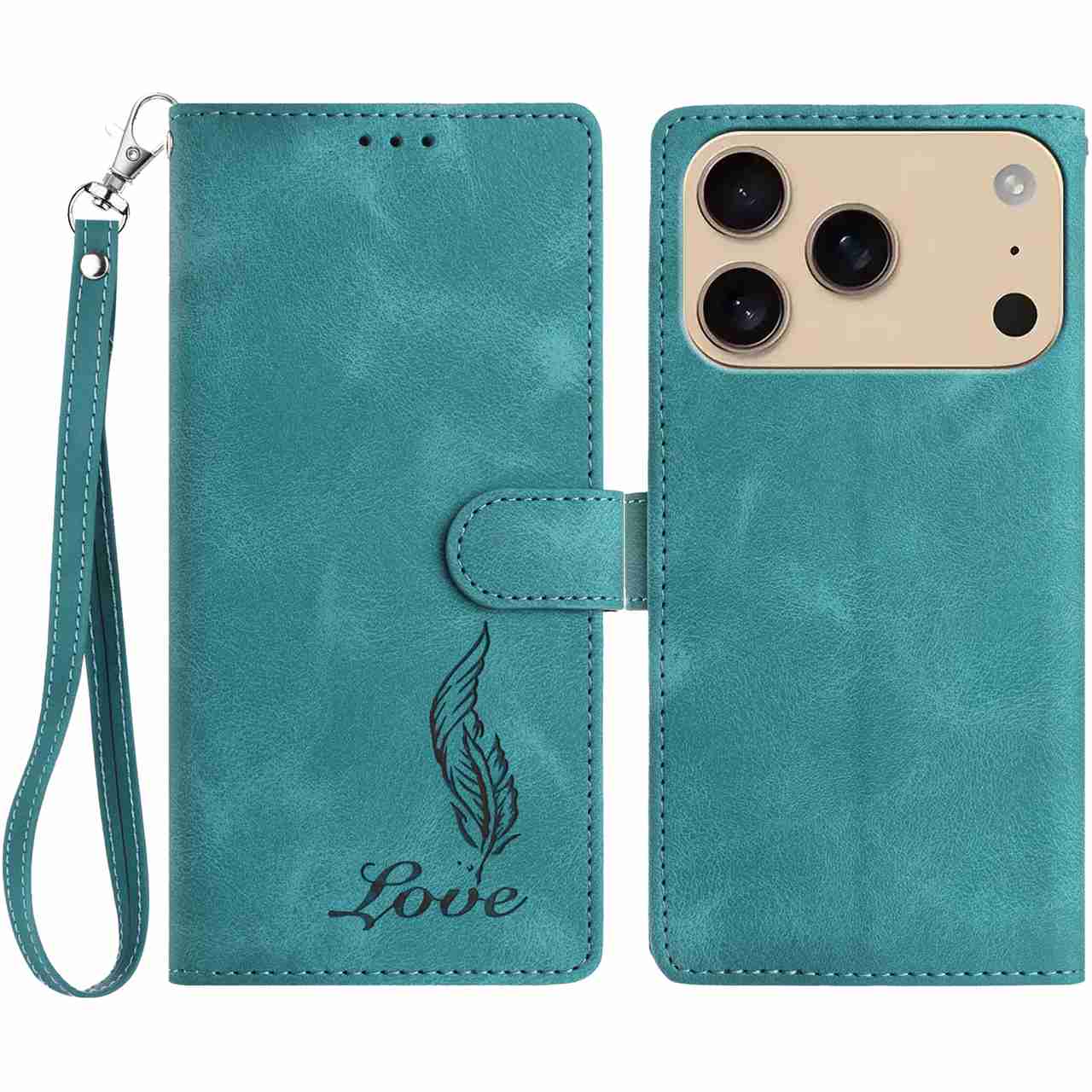

For iPhone 17 Pro Max Case Imprinted Feather PU Leather Wallet Phone Cover with Wrist Strap Green