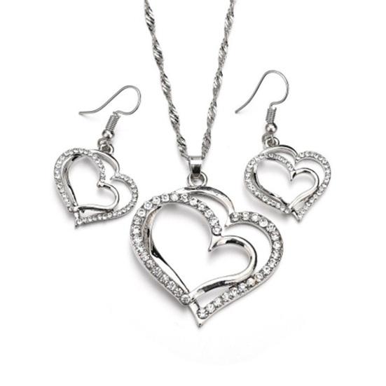 1 Set Women Necklace Earrings Set Hollow Out Heart Shape Rhinestone Decor Prom Party Hanging Earrings Pendant Clavicle Necklace