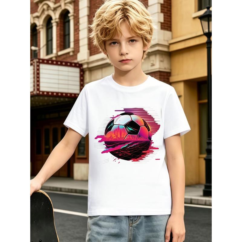 Boys Crewneck Tee, Short Sleeve Casual Sport Top with Random Print: Dinosaur, Soccer, Rugby, Car 110