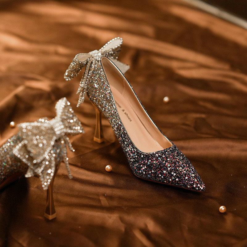 Fashion 2025 New French Bow Pumps Gradient Crystal Sequin Senior Sense Bridal Wedding Shoes Bridesmaid Shoes Dinner Shoes
