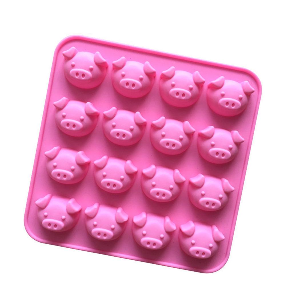 16 Cavity Silica Gel Baking Mold Cartoon Pig Head for Making Chocolate Ice Pink#0