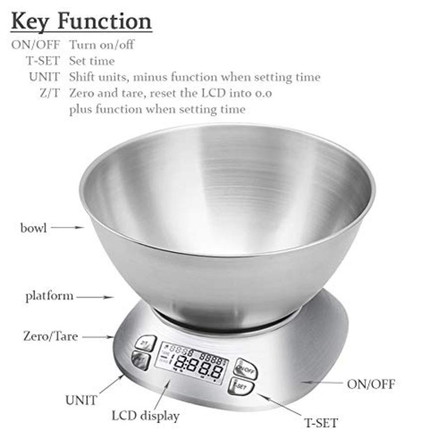 Digital Kitchen Scale with Removable Bowl 2.5L Volume Electronic Stainless Steel Food Scale for Cooking Baking Room Temperature