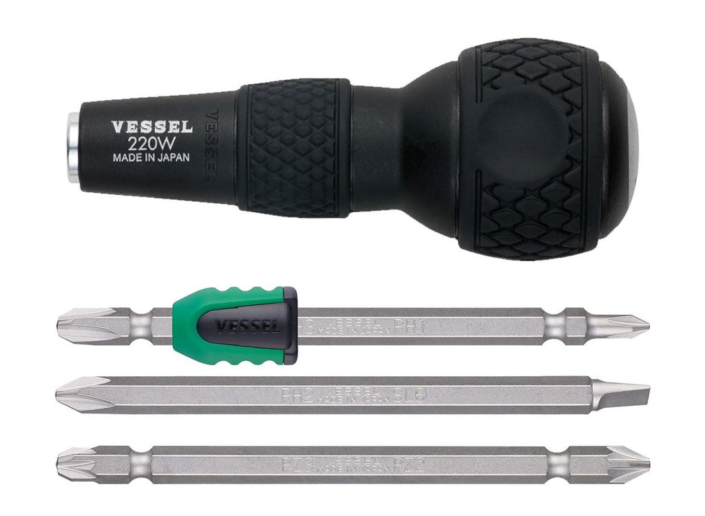 VESSEL Ball Grip Interchangeable Driver with Screw Mag Catcher Pozidriv Phillips, Flathead, 220W-3NMC