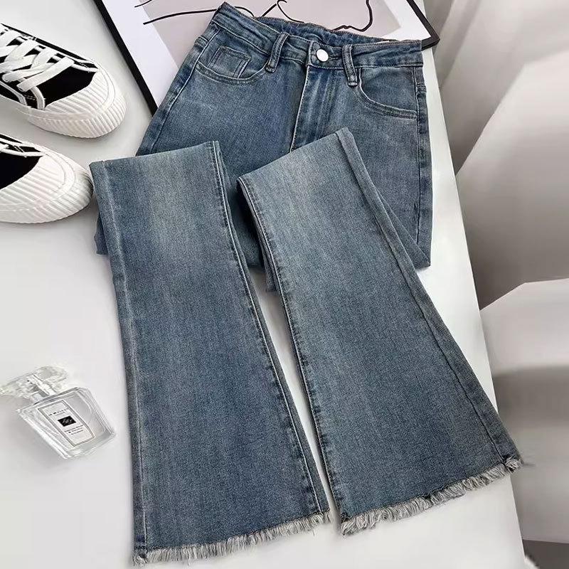 Women's High Waist American-Style Retro Flared Jeans - Elastic Slim Straight Horseshoe Trousers with Raw Edge Finish