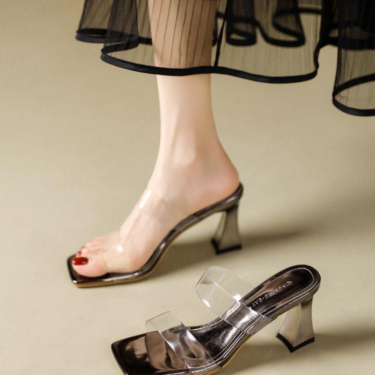 Gun Color Transparent Crystal One-word with Open-toed Sandals Female Summer French Non-slip Fairy with Skirt and Thick Heel One-word Drag