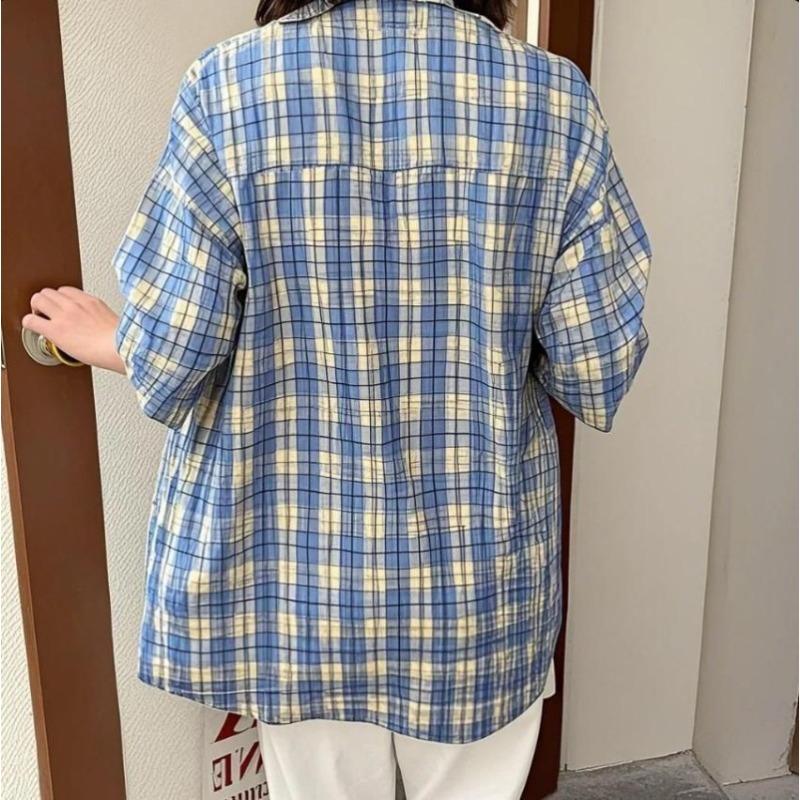 New Plaid Short Sleeved Shirt Japanese College Style Bloues Medium To Long, Sweet and Versatile Ladiese Shirts