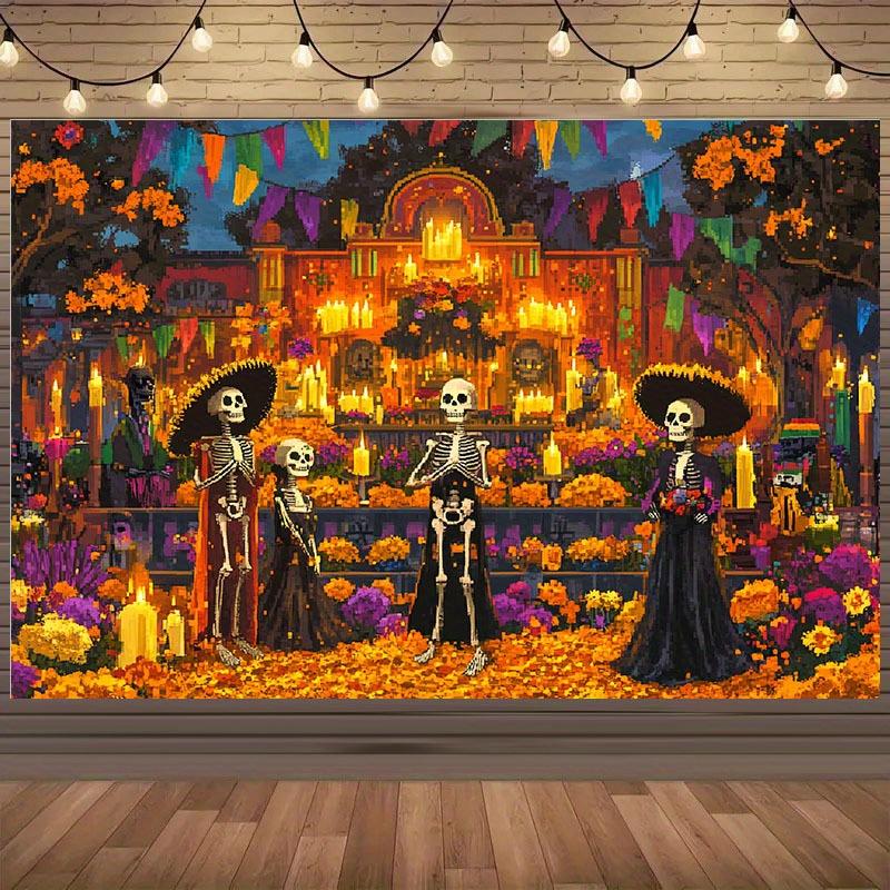 2D banner 1 piece Marigold with bright candles Day of the Dead ambience Halloween and Day of the Dead party decorations 100x150cm