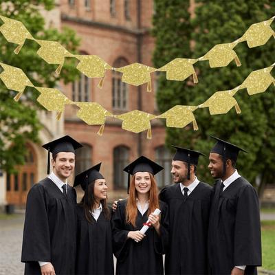 2Pcs Reusable Graduation Party Banner with Tassels Glitter Decor Paper Pull Flag Celebration Durable