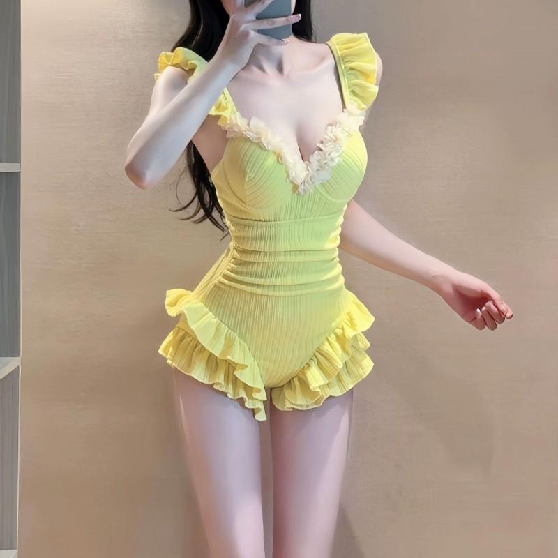 

Yellow Ruffled White Steel Support One-piece Swimsuit Women Small Chest Sexy Slimming Holiday Seaside Beach High-grade Feeling M жёлтый