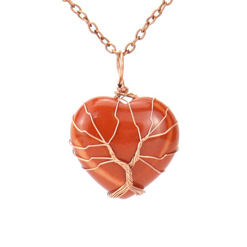 

Ancient Red Copper Hand-Wound Peach Heart Natural Stone Heart-Shaped Powder Crystal Tree Of Life Necklace N519