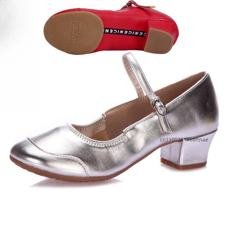 Female Dance Shoes with Soft Sole, Mid Heel, Dance Practice Shoes, Teacher's Four Season Ballroom Dance Two-point Shoes