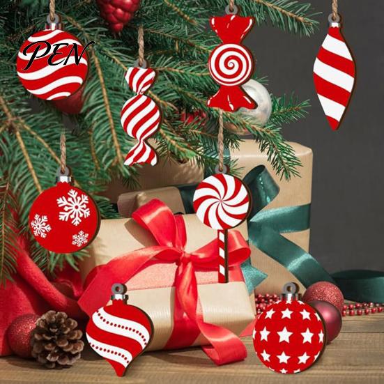 Indoor Holiday Party Supplies 12/24/36 Pcs Wooden Candy Cane Christmas Ornaments, Hanging Lollipop Ball Decor, Double-Sided Vintage Style Xmas