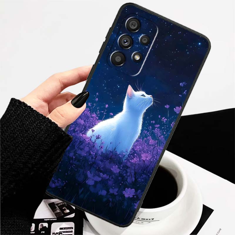 Anime cartoon cat illustration For Samsung A73 A72 A71 A55 A54 A53 A52 A51 A13 A22 A16 A15 A12 A14 A26 A07 5G Black Phone Case