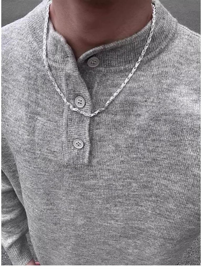 Men's High-End Retro Henley Collar Long Sleeve Knit Sweater for Autumn and Winter