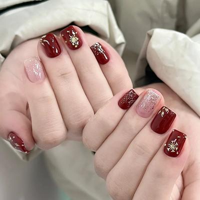 24 Pièces Convient pour armure de combat rouge, poudre pailletée flocon de neige doré, tempérament blanchissant automne et hiver 24 pièces ongles portables