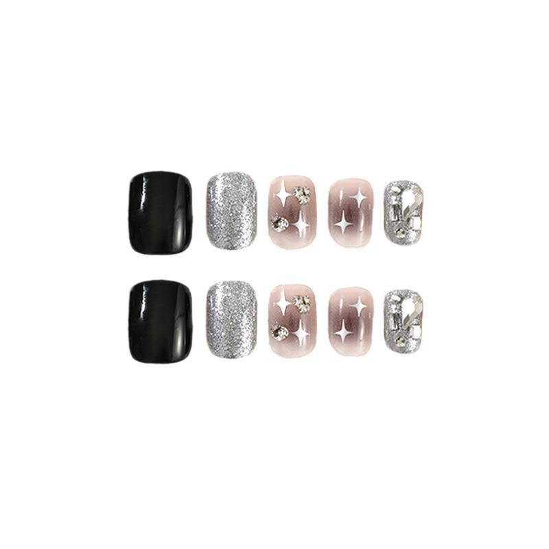 Black & Silver Glitter Starry Sky Rhinestone Press-On Nail Stickers - Short Style False Nails